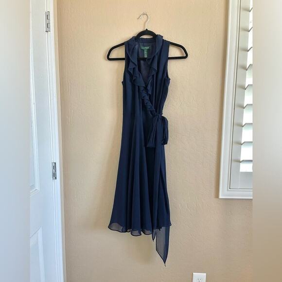 Ralph Lauren Navy Blue Wrap Ruffle Midi Dress 2 - Picture 1 of 6